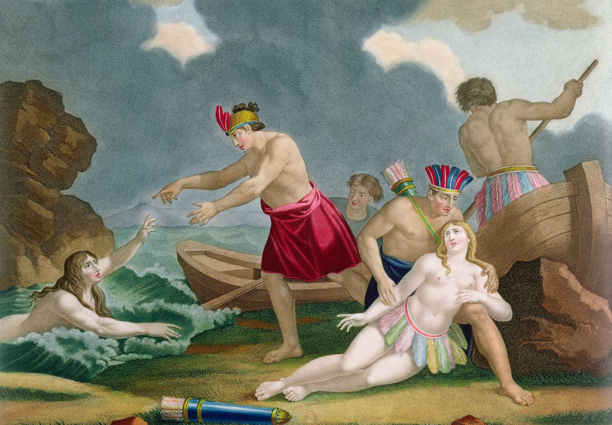 Scene fra historien til den aztekiske prinsessen Amazilly og hennes bror Telasco av French School