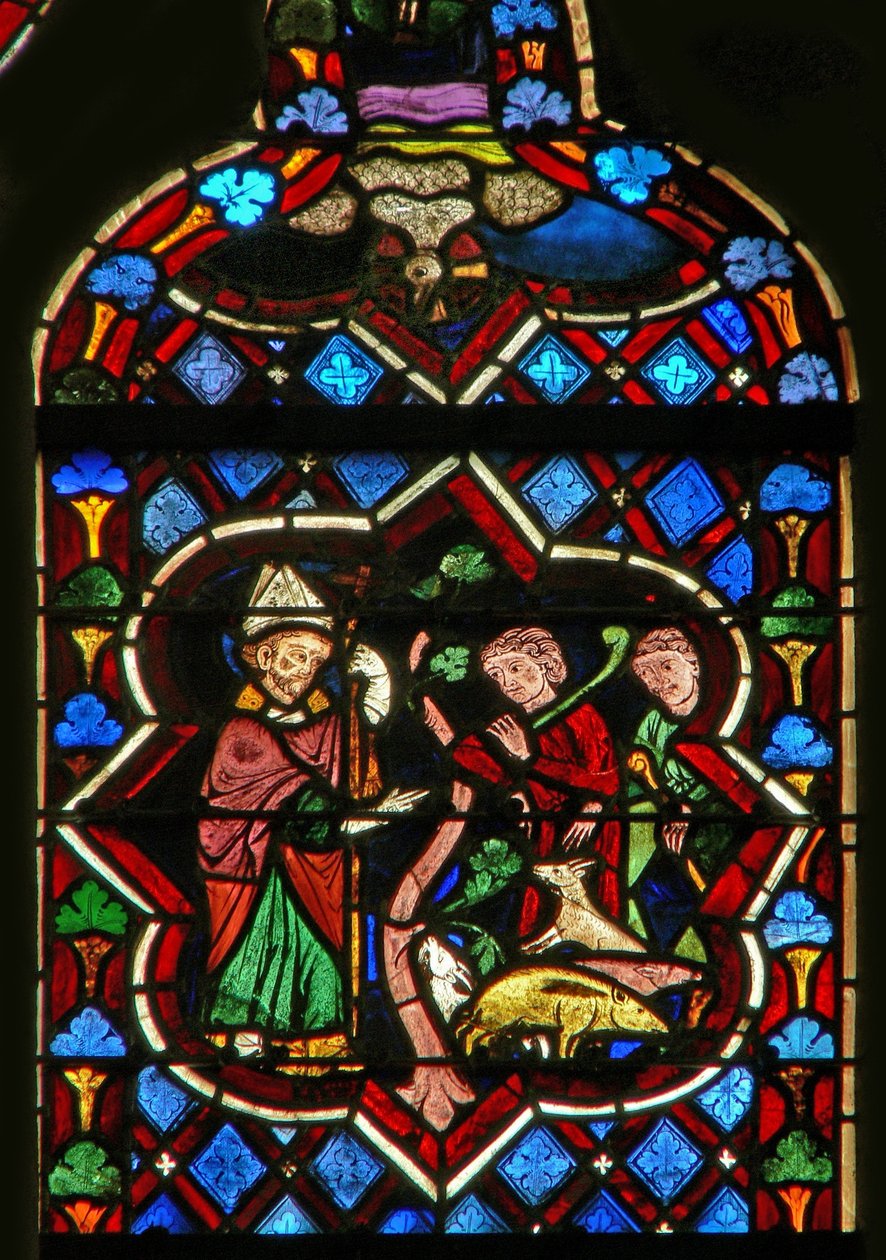 Scene i E-vinduet som viser St. Samson forandrer griser til geiter av French School