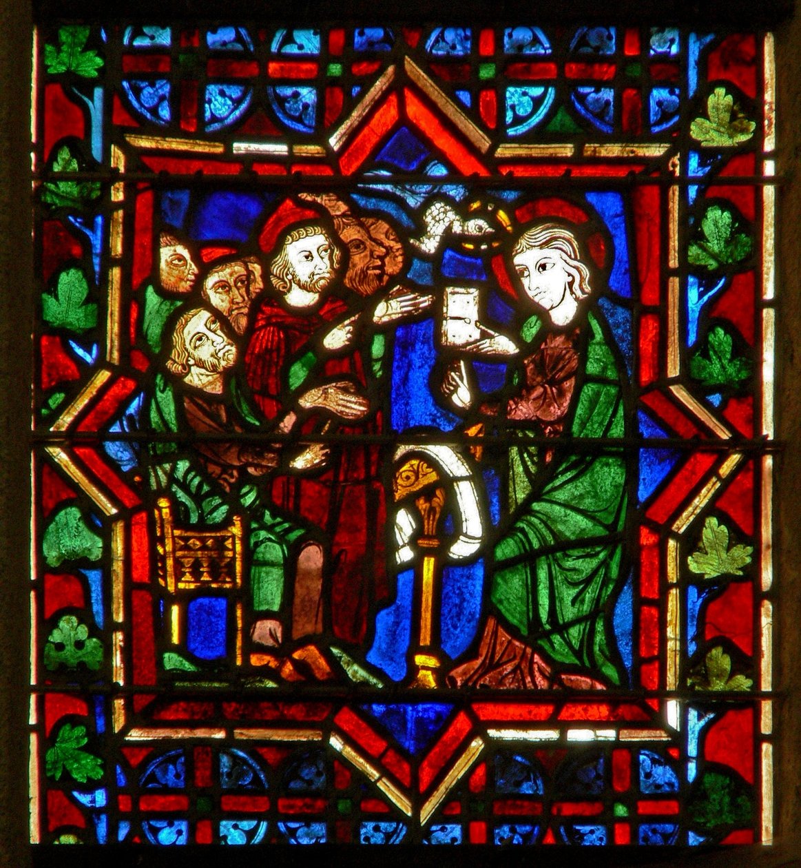 Scene i E-vinduet som viser en scene fra St. Catherines liv: med filosofene av French School