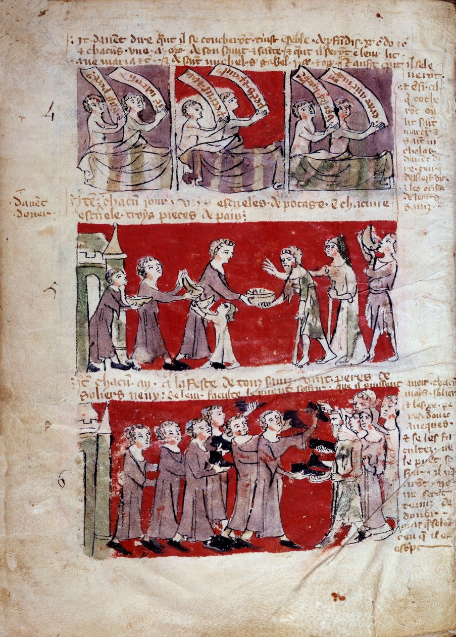 Scene for studentlivet ved Hubant College eller Ave Maria i Paris Scener av studentlivet og høgskoleforskrifter. Strips 4 til 6. Manuskriptside “” Livre des statutes du College de Hubant ou de l