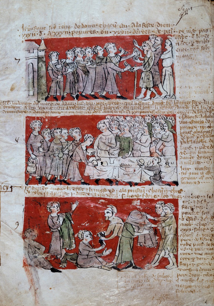 Scene for studentlivet ved Hubant College eller Ave Maria i Paris Scener fra studentlivet (måltider, veldedighet) og høgskoleforskrifter. Strips 7 til 9. Manuskriptside “” Livre des statutes du College de Hubant ou de l