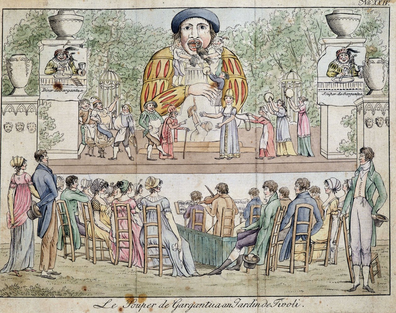 Scene for middagen i Gargantua med publikum, attraksjon av Tivolis hage, ca. 1805. av French School