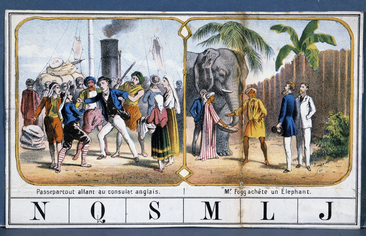 Scener med Passepartout og Phileas Fogg i India, ill. fra spillet "" The World Tour"" av Jules Verne, sent på 1800-tallet. av French School