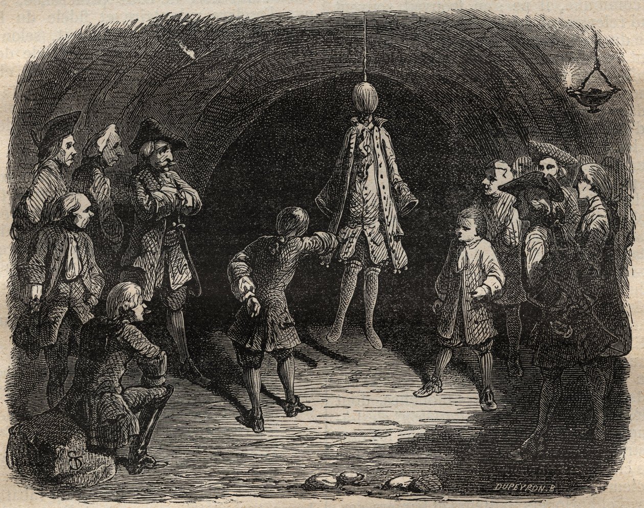 Tyveskole skapt av briganden Louis Dominique Garthausen dit Cartridge (1693-1721) i en karriere i Paris: en modell hengt fra taket hvis lommer skulle tømmes uten å bevege seg, ettersom han mottok et regn av skudd - Tyveskolen av French School