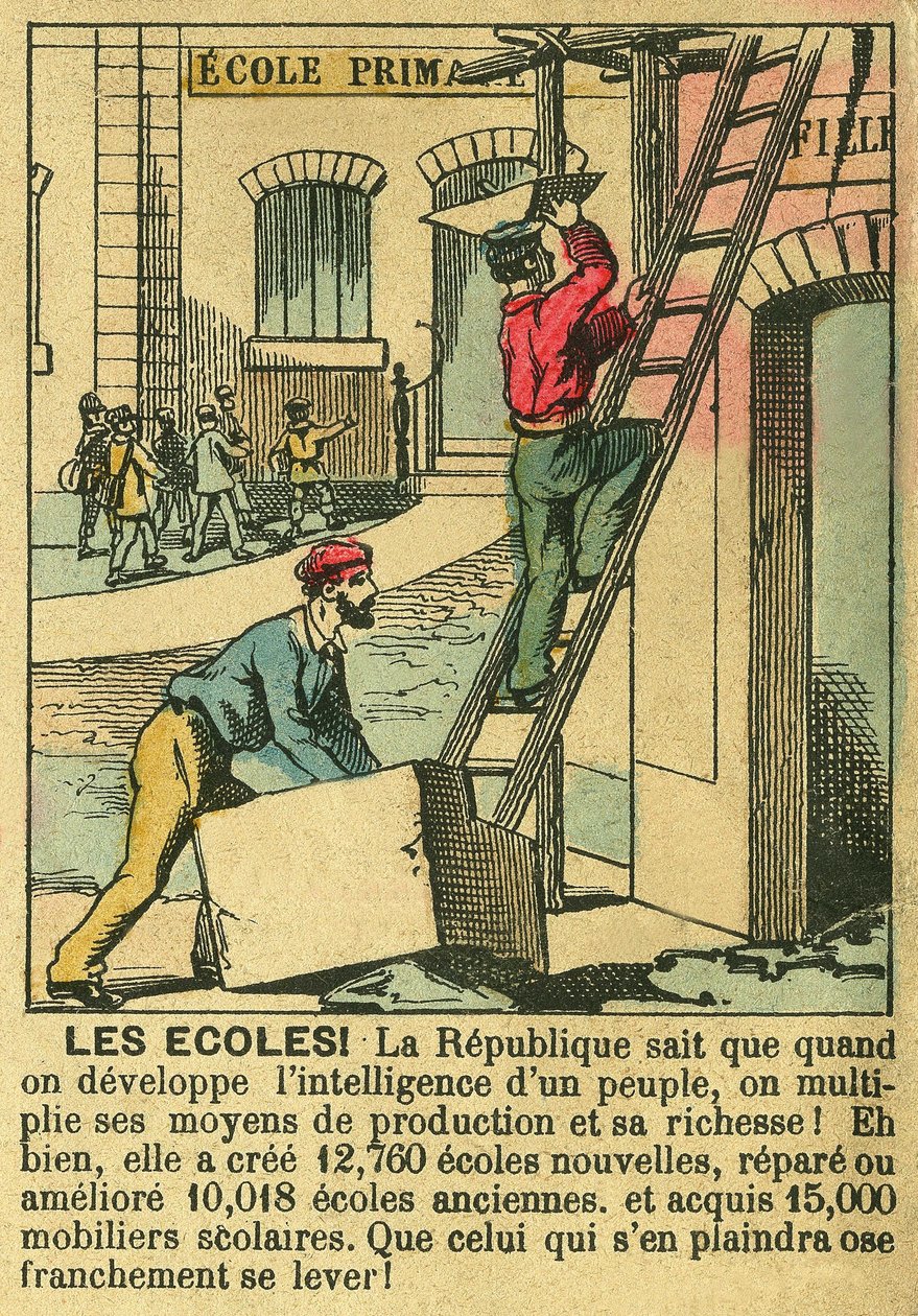 Skoler, som illustrerer fordelene med Den tredje republikk for utvikling av utdanning i skoler. Gravering, i "" Le Figaro, supplement"", 30.03.1889, Paris. Coll. Selva. av French School