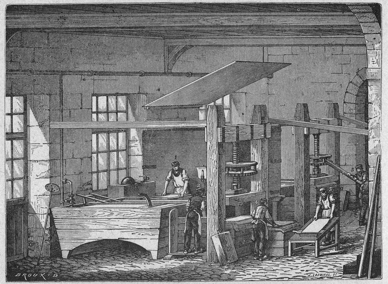 Vitenskap. Papirlaging. Håndlaget papir. Gravering i: Store menn og store fakta fra industrien, Frankrike, ca. 1880 (gravering) av French School