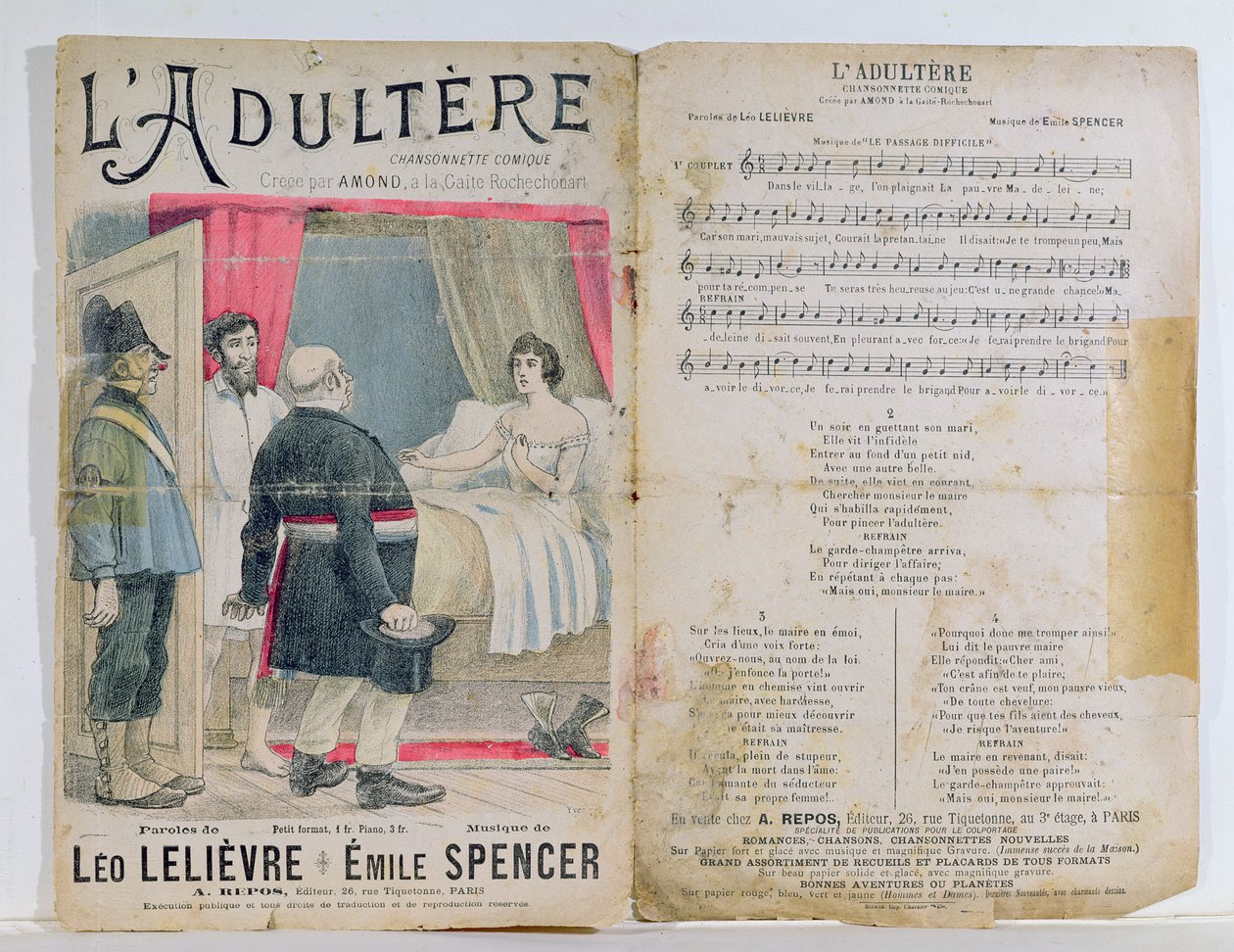 Partiturark av LAdultere, en komisk sang med ord av L. Lelievre og musikk av E. Spencer av French School
