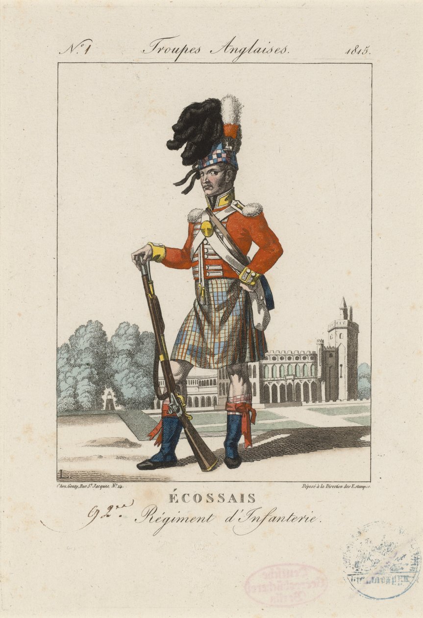 Skotsk 92. infanteriregiment, ca. 1815 (farget etsning) av French School