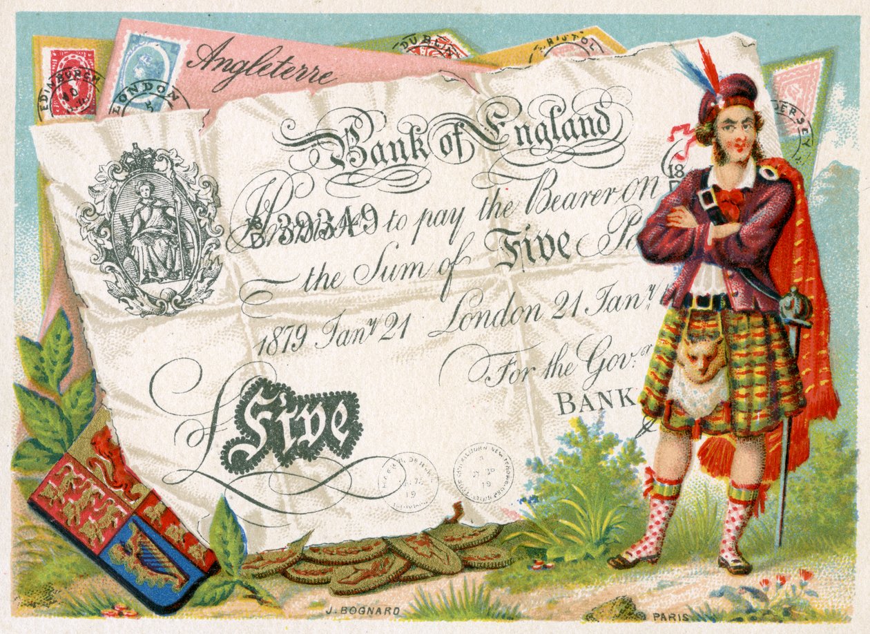 Skotsk soldat som vokter en Bank of England Five Pound Note, 1886-95 av French School