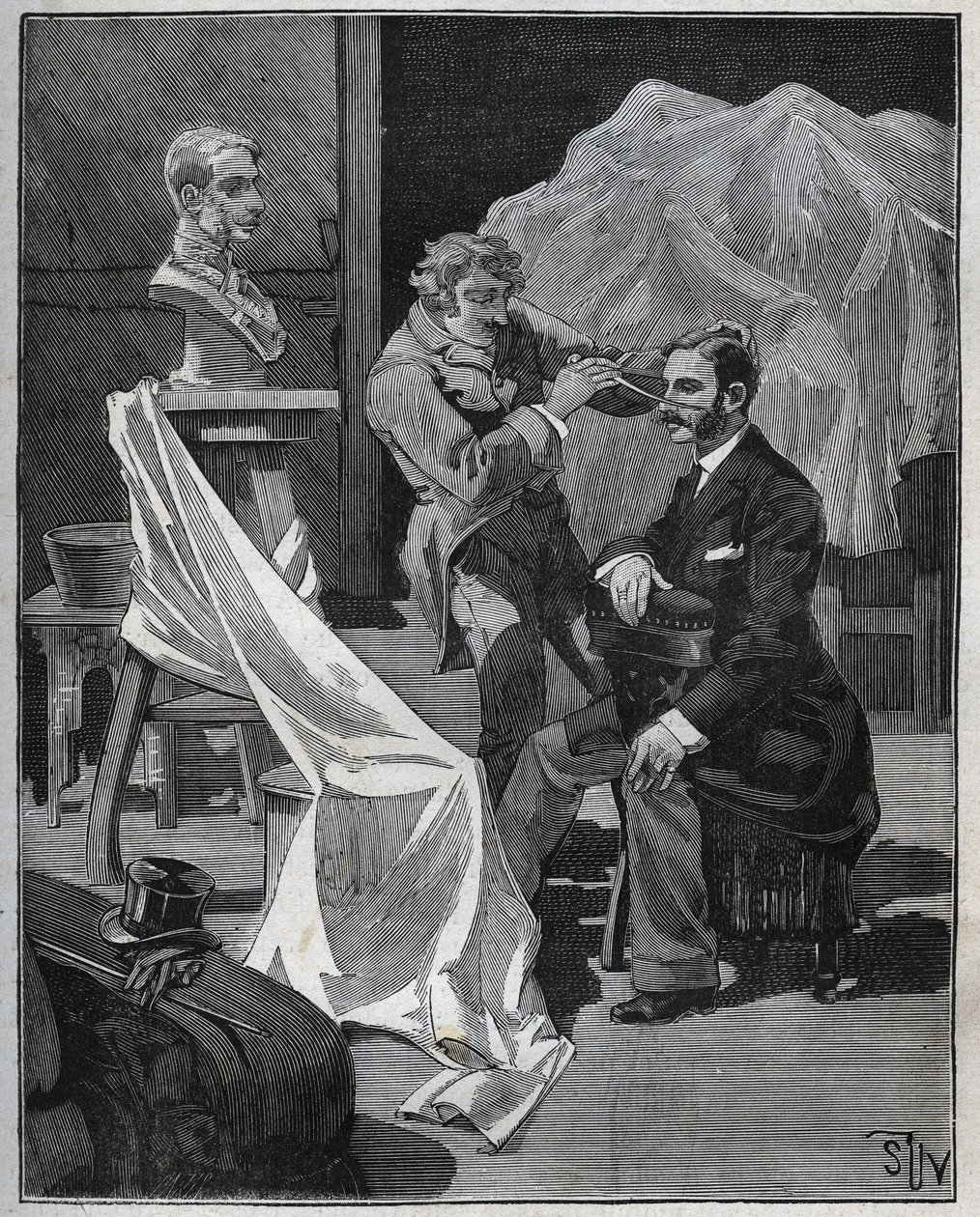 Skulptur, verksted av en skulptør, fokus og skulptur av en byste. Gravering fra 1880 i "" Les arts et metiers illustres"" av Adolphe BITARD. av French School