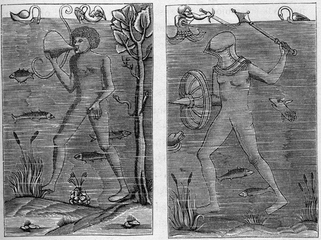 Sjøsoldat: dykkeren og våpenmannen. Graveringer fra trefigurer fra 1500-tallet. I "La Marine et les kolonier: handel" av French School