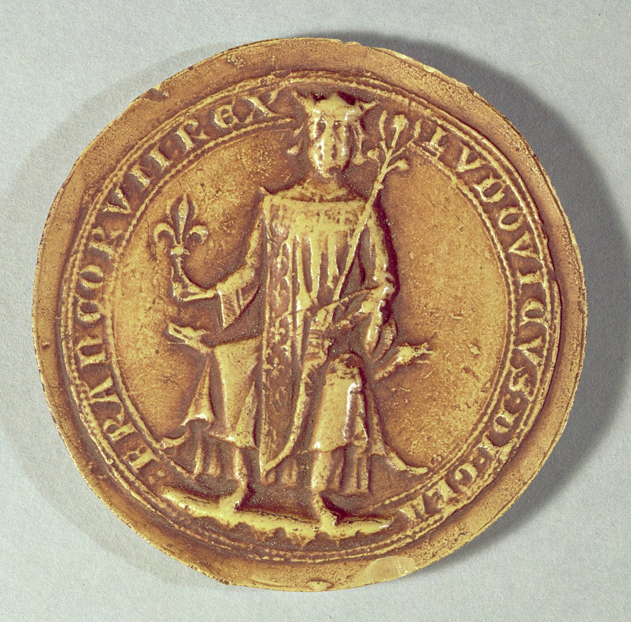 Segl fra St. Louis (1214-70) som holder et septer og fleur de lys, ca. 1252 av French School