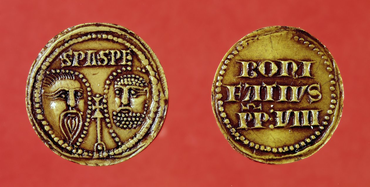 Segl med hodene til St. Paul og St. Peter, fra en okse av pave Boniface VIII, recto and verso, 1295 (voks) av French School