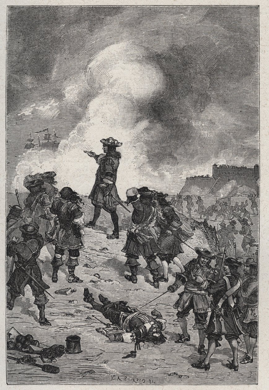 Sebastian the Prestre seigneur of Vauban (1633-1717), marechal of France defends Brest against an attack by the English fleet in 1695 - engraving in “Les Hommes Celebres de la France” by Louis Dumas 1889 av French School