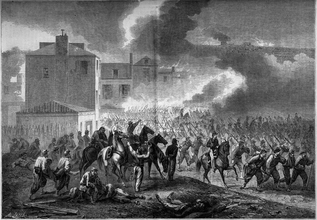 Løsrivelseskrig (1861-1865) eller amerikansk borgerkrig: evakuering av byen Korint (Mississippi) i 1862. Gravering i "" Le Monde Illustré"" nr. 275 av 19. juli 1862. av French School