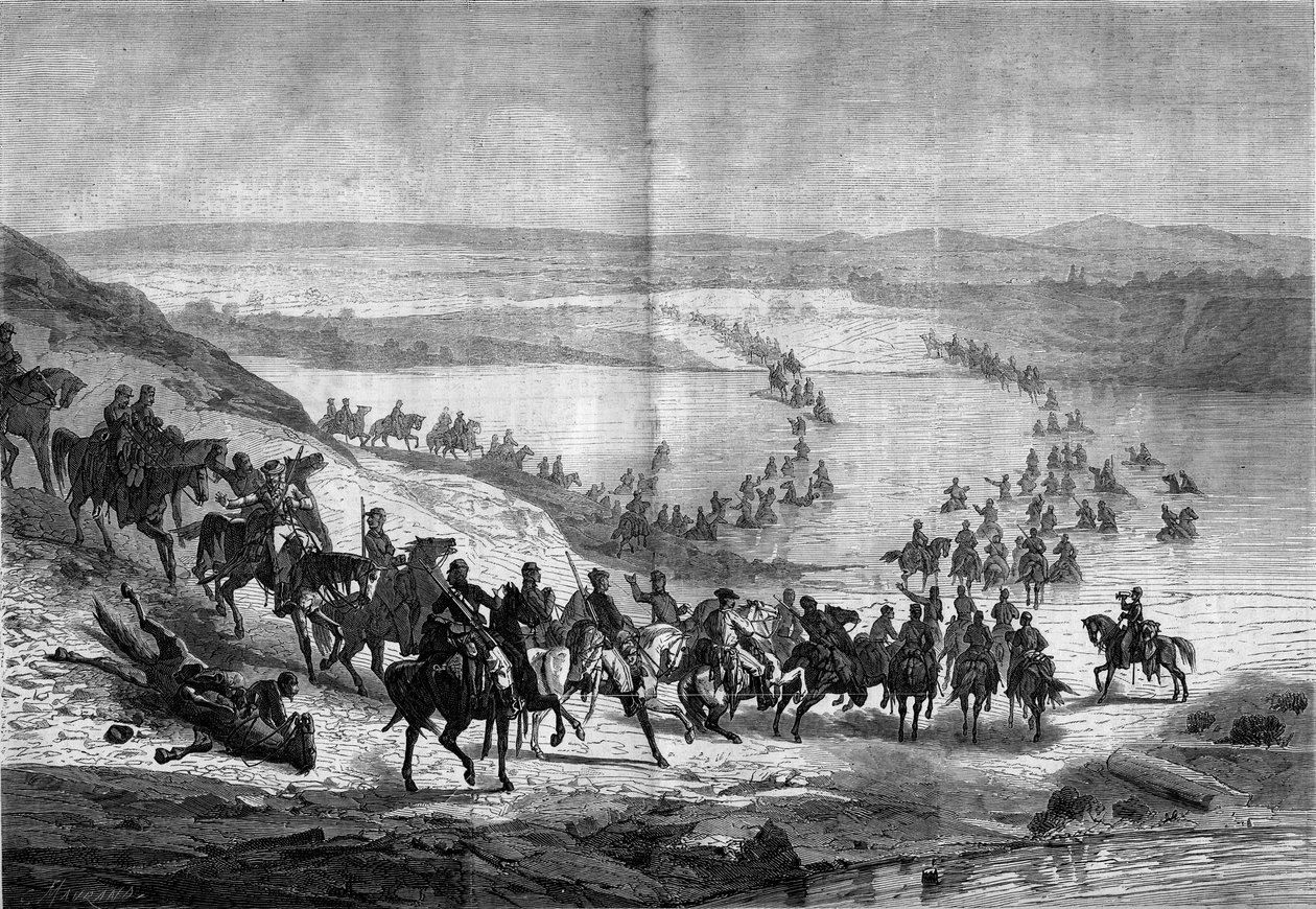 Sesession War (1861-1865) eller amerikansk borgerkrig: kryssing av Potomac av general Stuarts sørlige kavaleri. Gravering i "" Le Monde Illustré"" nr. 293 av 22. november av French School