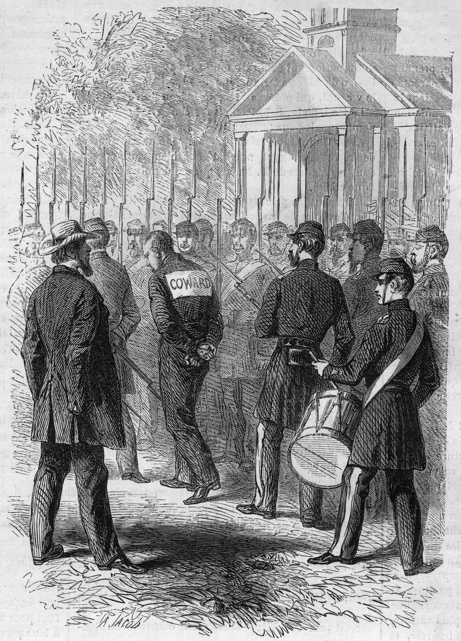 Secession War (1861-1865) or American Civil War: punishment of a soldier of the northern weapon accused of hete in combat. With his hands tied, a “Lache” sign on his back, he crosses the camp at the sound of the drum. Engraving in “” Le Monde Illustré”” n° av French School
