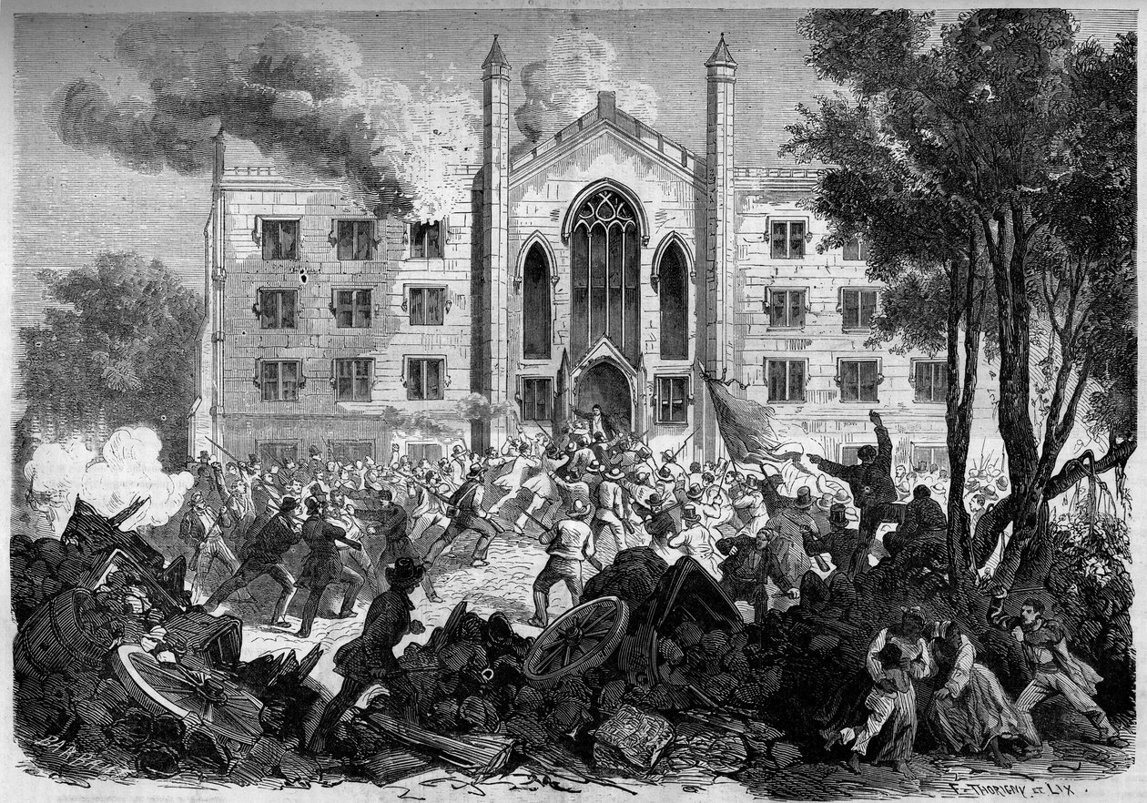 Secession War or American Civil War (1861-1865) - New York - July 1863: opposition to conscription, insurgencies set fire to the asylum of the colored orphans in New York City during the “Draf Riots”. Engraving in “” Le Monde Illustré”” n°331 of 15 August  av French School
