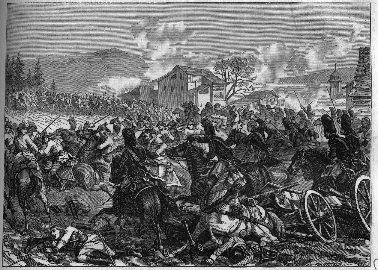 Andre koalisjon (1798-1800): Slaget ved Stockach 3. mai 1800 mot Frankrike og Østerrike - Gravering av 1865 i "Histoire du Consulate et de l'Empire" av Louis Adolphe Thiers - War of the Second Coalition (1798-1800): slaget ved Stockach og Eng av French School