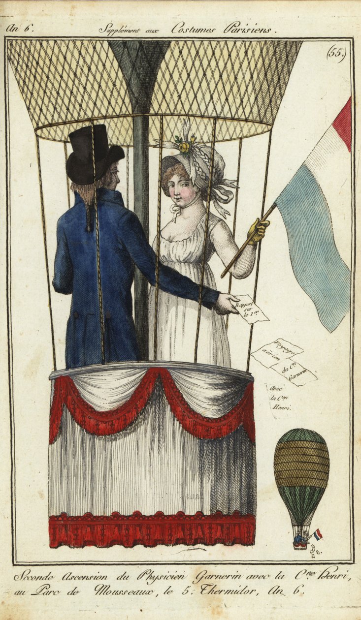 Andre ballongoppstigning av Dr. Andre-Jacques Garnerin, 8. juli 1798 (håndfarget kobberstikk) av French School