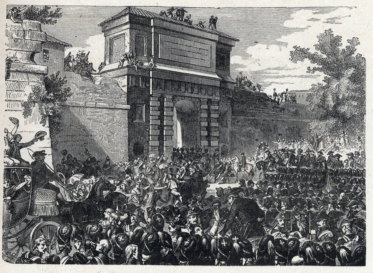 Andre koalisjon: slaget ved Hohenlinden (nær München, Tyskland) den 12. Frimaire år IX (3. desember 1800) mellom de franske troppene til general Jean Victor (Jean-Victor) Moreau og de østerrikske og bayerske styrkene kommandert av erkehertug Jean Baptiste  av French School