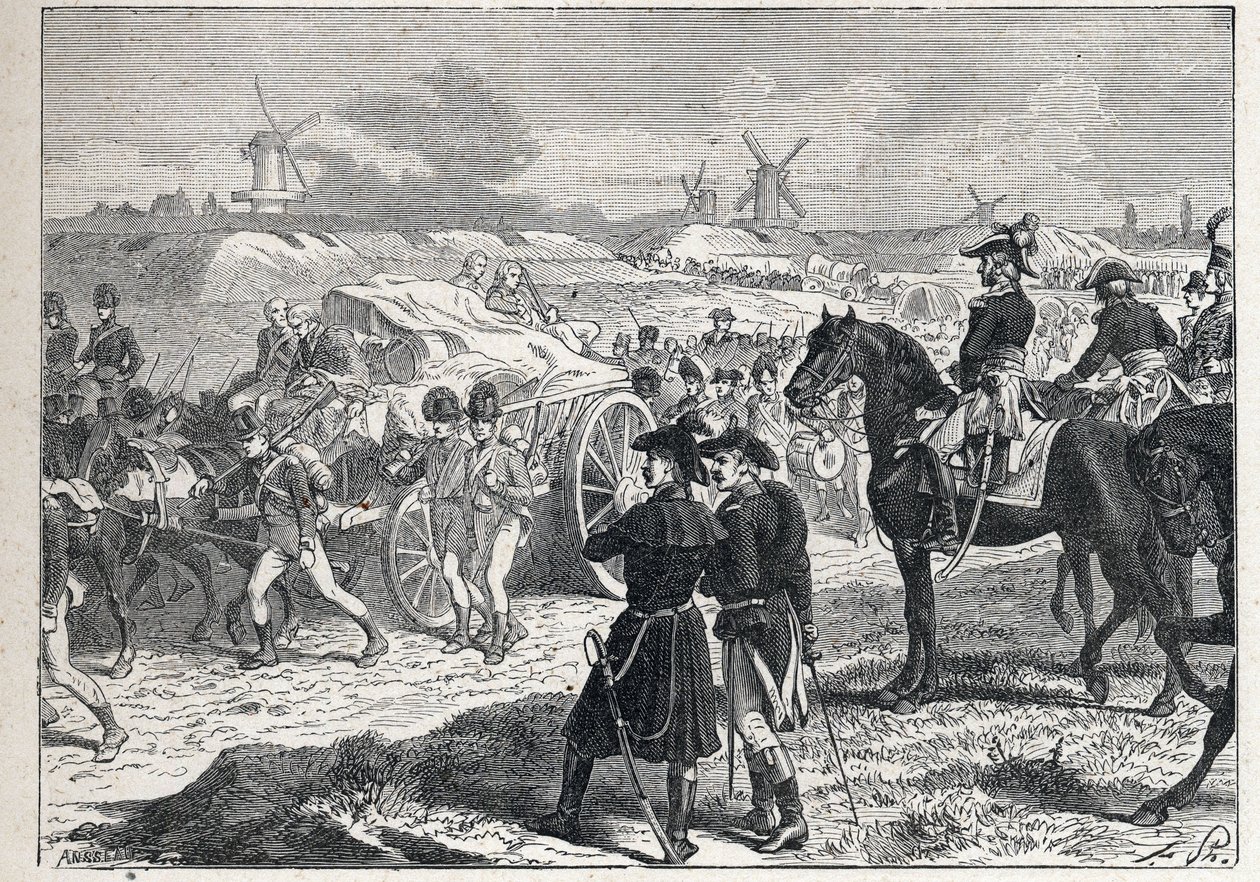 Andre koalisjon: den franske hæren kommandert av Marechal Brune vant de engelske troppene til hertugen av York i Holland, oktober 1799. av French School