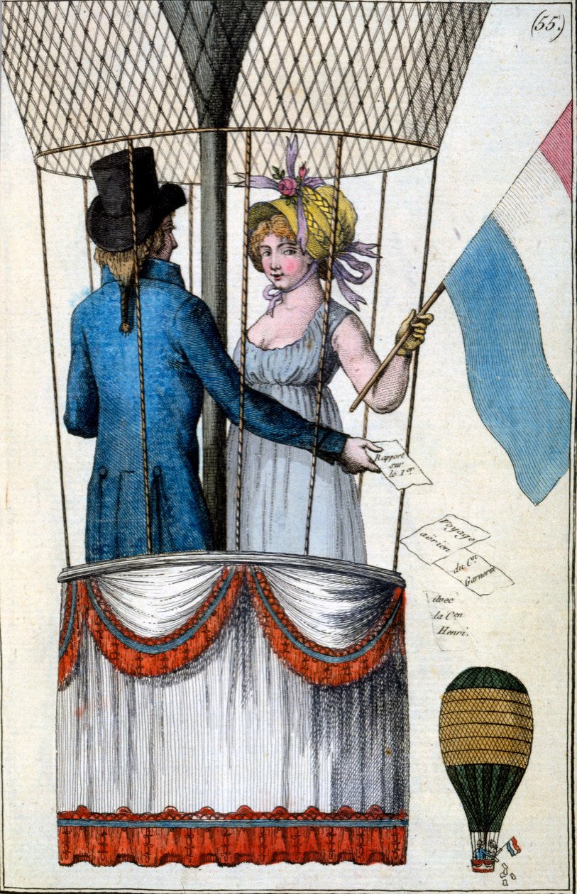 Andre flytur av Garnerin med Citoyenne Henri fra Parc Monceau, 8. juli 1798, fra Costumes Parisiens, ca. 1798 av French School