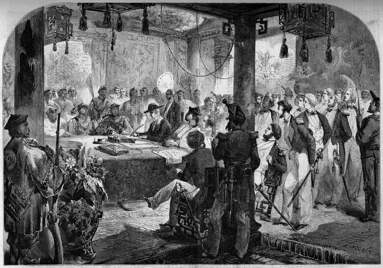Second opium war between France and England and China (1858-1860) - signing of the Tianjin Treaty (Tientsin) in 1858: English and French ambassadors Lord Elgin (James Bruce av French School