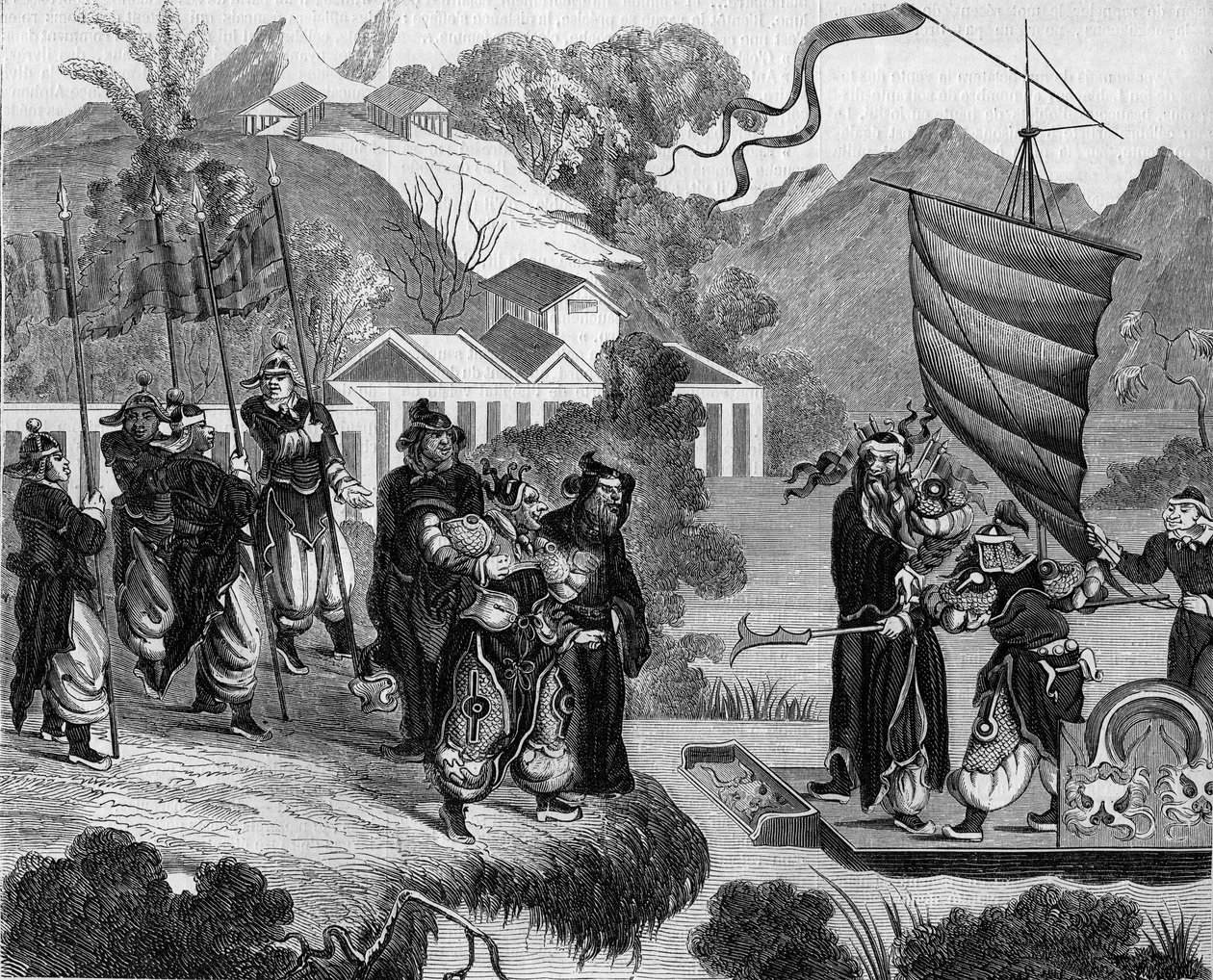 Andre opiumskrig mellom Frankrike og England og Kina (1858-1860): Kinesisk karikatur av konflikten. En båt er klar til å nærme seg kysten under det hånende blikket til en gruppe kinesere. Om bord i båten, to karakterer som representerer Frankrike (til vens av French School