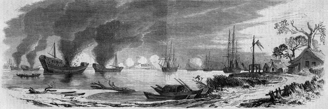 Andre opiumskrig mellom Frankrike og England og Kina (1858-1860): Kinesisk søppel lastet med brannfarlig materiale lansert mot den engelske og franske flåten. Kina av French School