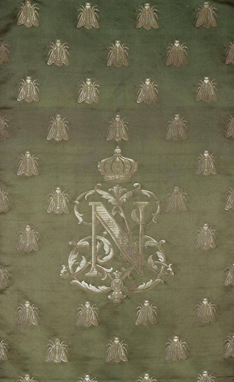 Seksjon av grønn og gull damask med emblem og kongelig emblem av Napoleon III (1808-73) av French School