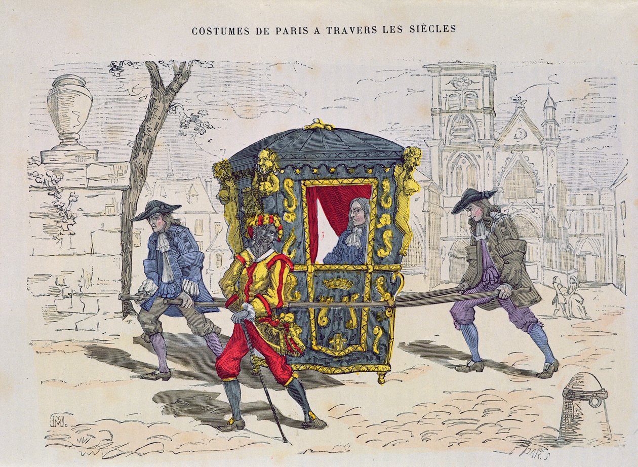 Sedan-stol i det sekstende århundre, fra Costumes de Paris a Travers les Siecles, utgitt 1887 (fargegravering) av French School