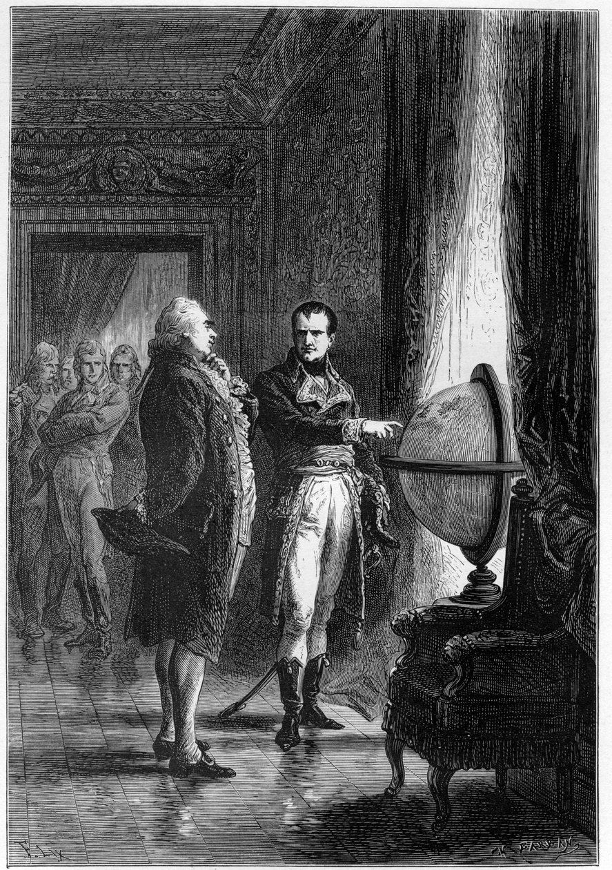 Se hvilket lite sted du har i verden - NAPOLEON BONAPARTE, første konsul, besøker rommene på Louvre sammen med Charles James Fox (1749 -1806), britisk statsmann, i 1801 - gravering i "L'Histoire d'Angleterre, depuis les temps plus recules» av  av French School