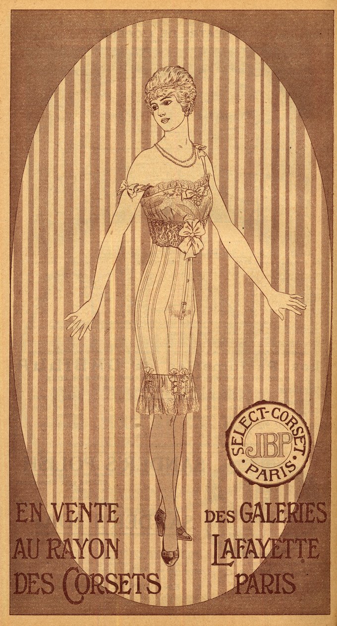 Velg JPB-korsett til salgs i korsettavdelingen til Galeries Lafayette i Paris - 1914 av French School