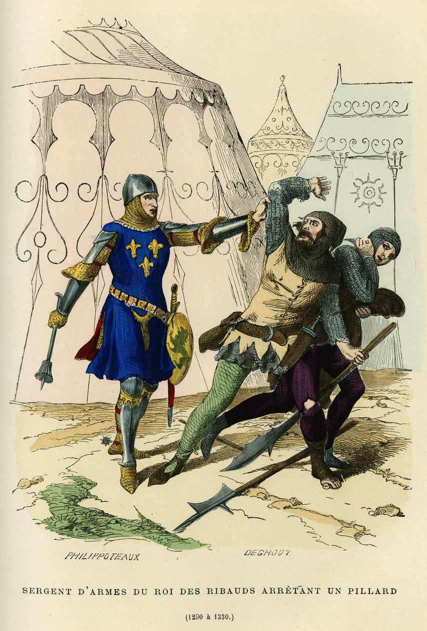 Sergeant-at-arms av kongen av ribauds (leder for den irregulære militsen opprettet rundt 1189 av Philippe Auguste (eller Philippe II av Frankrike 1165-1223), med visse politifunksjoner) og arresterte en plyndret (1290 til 1330). Fargegravering, i "Frankrik av French School
