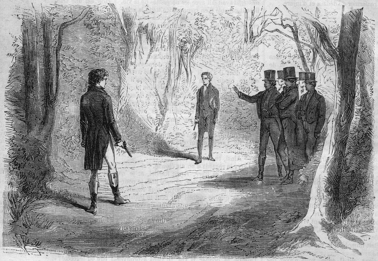 Serieroman: «Rik og fattig»» av Emile Souvestre (1806-1854). Duellen mellom Boissard og Larry. Gravering i "" Les bons romances"" av French School