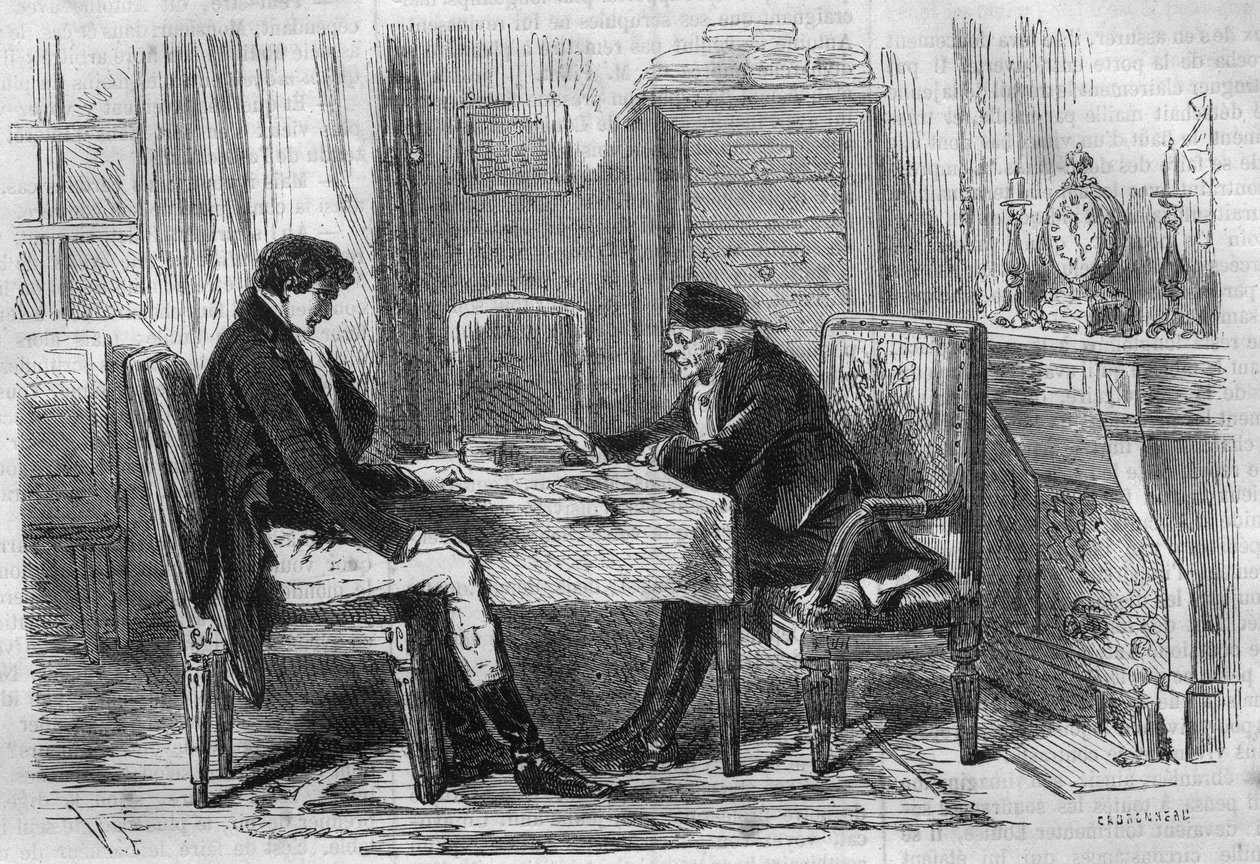 Serieroman: ""Rik og fattig"" av Emile Souvestre (1806-1854). To menn som snakker: «Skrupler har aldri torturert noen.» Gravering i "" Les bons romances"" av French School