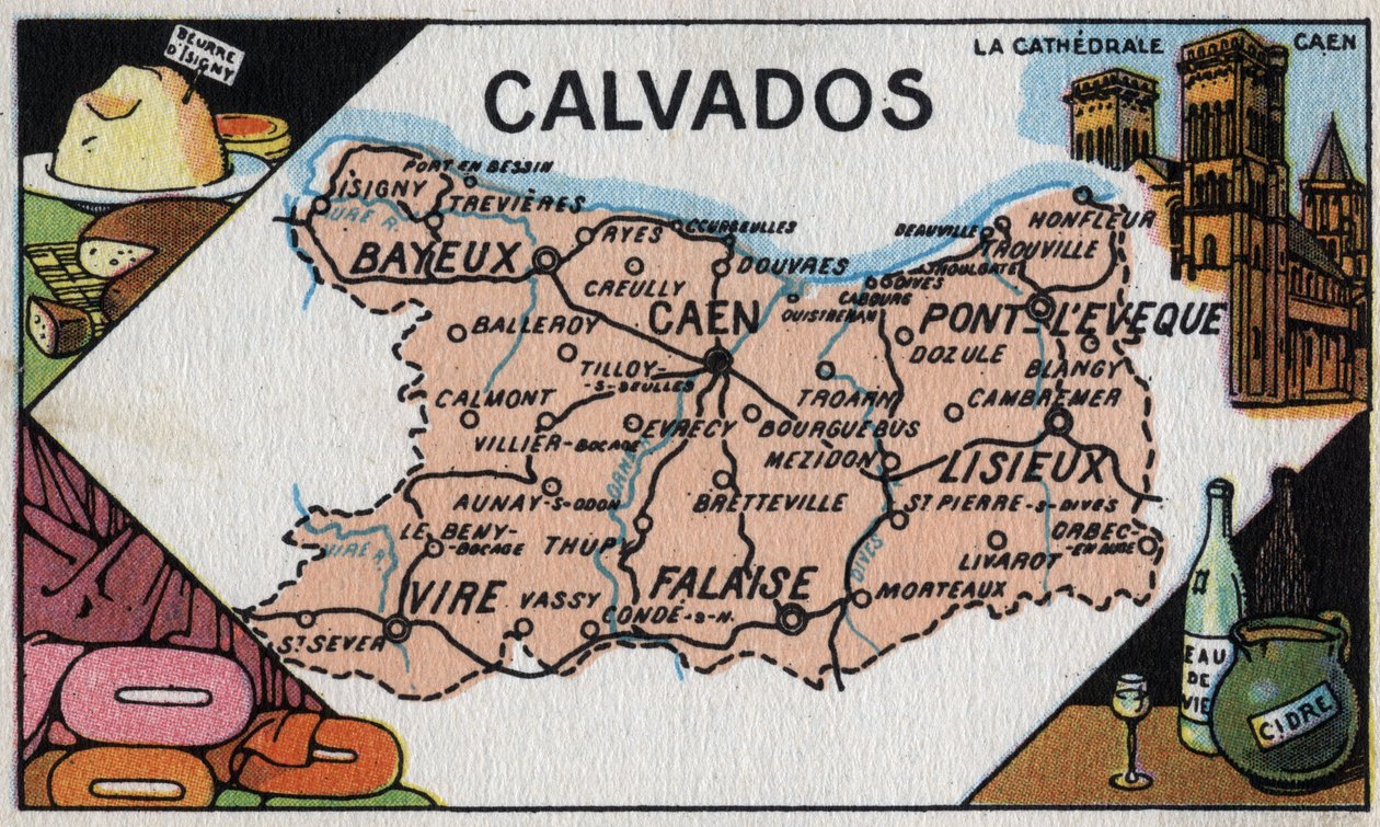 Serie med kart over de franske departementene: Le Calvados, begynnelsen av 1900-tallet (kromo) av French School