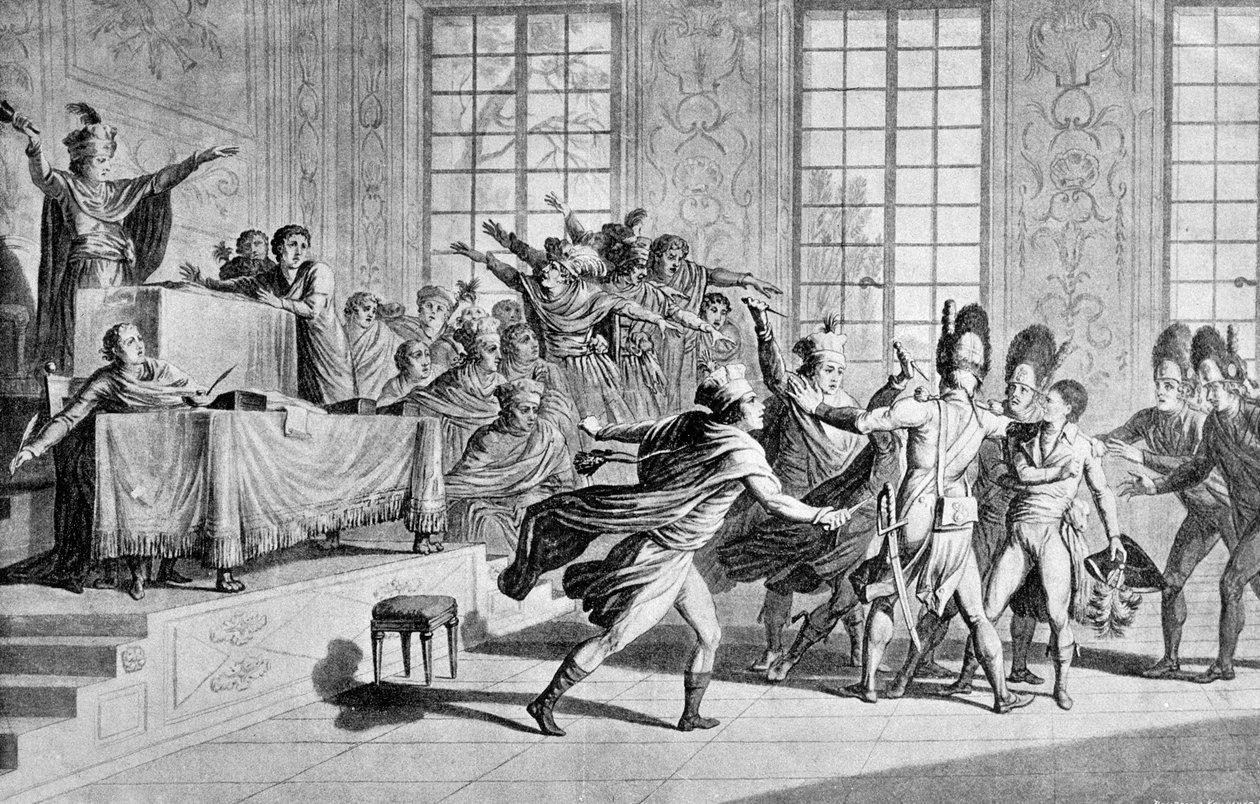 Den lovgivende forsamlingens sesjon ved orangerie de St Cloud: Bonapartes opptreden og frigjøringsdagen for det 18. tåkeåret VIII i Chamber of the Council of Five Cents (Five Cents) (Room of 500) av French School