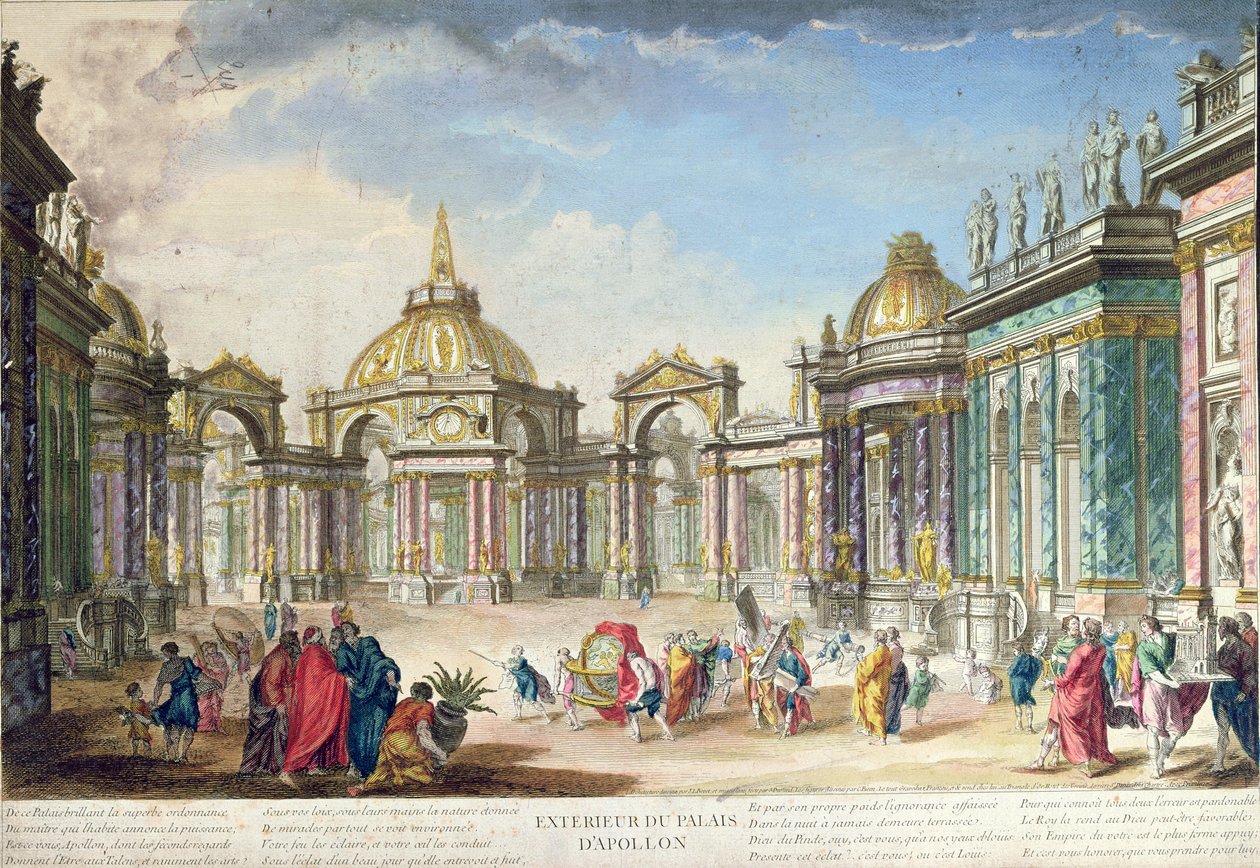 Scenografi for utsiden av Apollos-palasset, utgitt i Paris, 1748 av French School