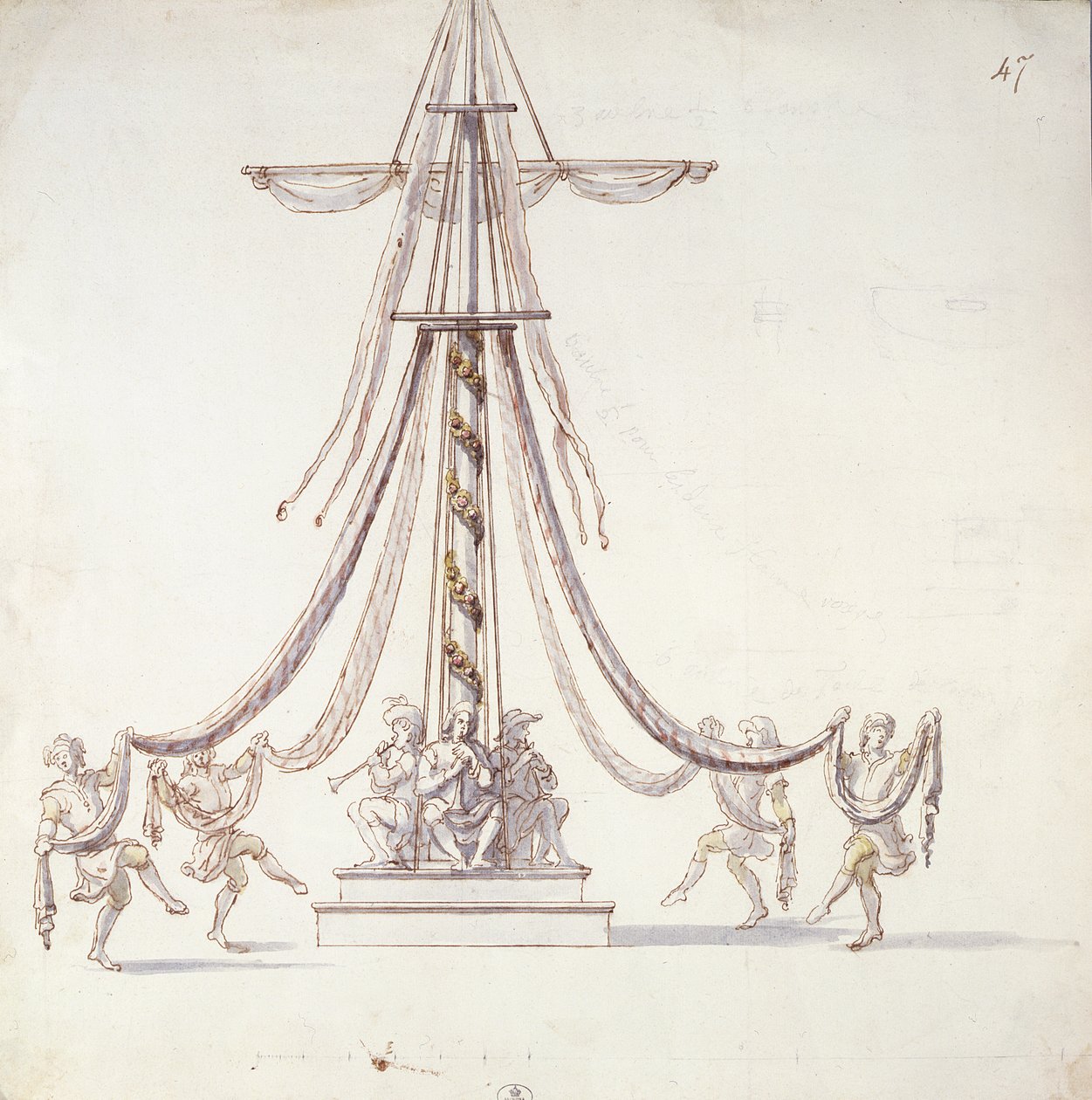 Scenografi for en ballett med sjømenn som danser rundt en mast, fra en samling med tittelen Les Menus Plaisirs du Roi (wc og penn og blekk på papir) av French School
