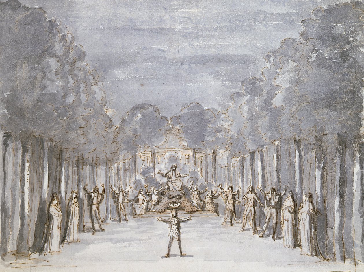 Scenografi for en opera, fra en samling med tittelen Les Menus Plaisirs du Roi (penn og blekk & wc på papir) av French School