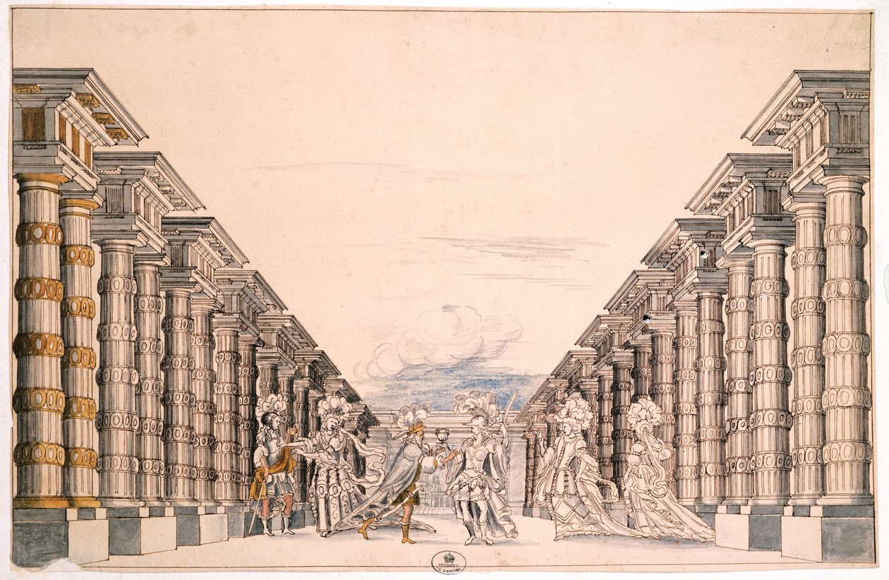Scenografi for et uidentifisert skuespill, hentet fra en samling med tittelen Menus Plaisirs du Roi (penn & blekk og akvarell på papir) av French School
