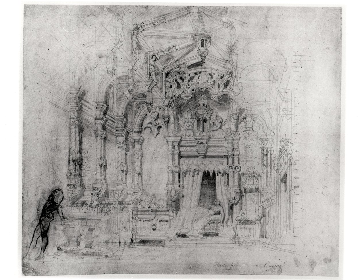 Scenografi for den første produksjonen av Angelo, tyran de Padoue av Victor Hugo (1802-85), 1835 (penn og blekk på papir) av French School