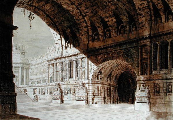 Scenografi inspirert av antikken, ca. 1800 (penn & blekk og akvarell på papir) av French School