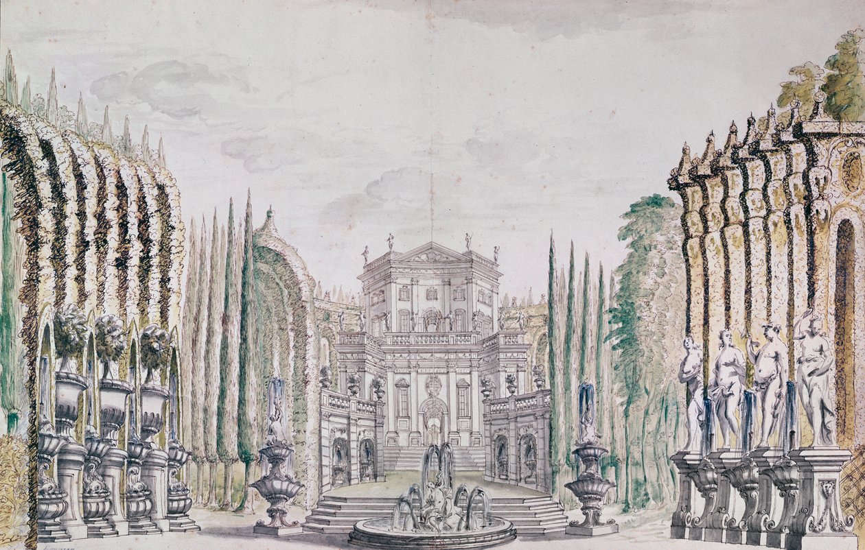 Scenografi av et palass for et teater, ca. 1660-80 (penn og blekk og wc på papir) av French School