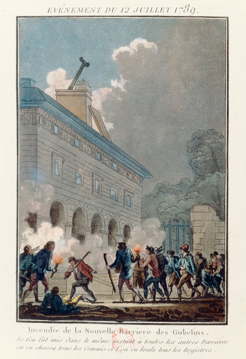 Sette fyr på muren til Fermiers Generaux i Paris 12. juli 1789 av French School