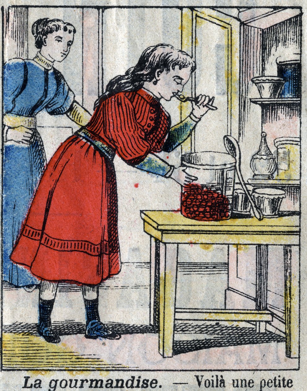 Syv dødelige fiske: Gourmandise. Epinal avbildning sent på 1800-tallet. (I sette peccati o vizi capitali) av French School