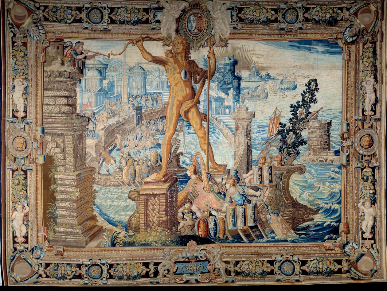 Verdens syv underverker: Kolossen på Rhodos (statue av Helios). Tapet laget av verkstedet til gobelinene. Paris fra 1600-tallet, Musee des Gobelins av French School