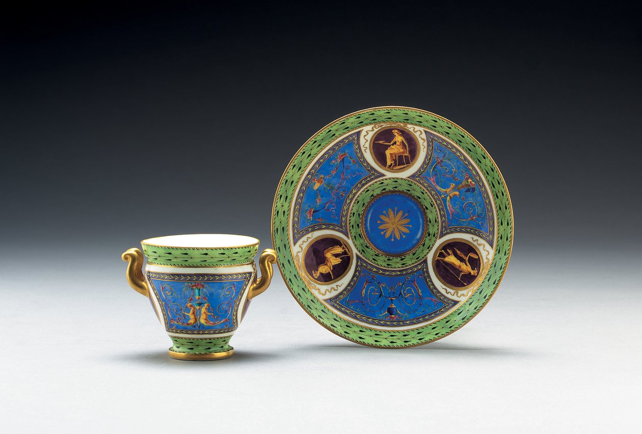Sevres bleu celeste og blekgrønn malt kopp og tallerken med to håndtak, 1790 av French School
